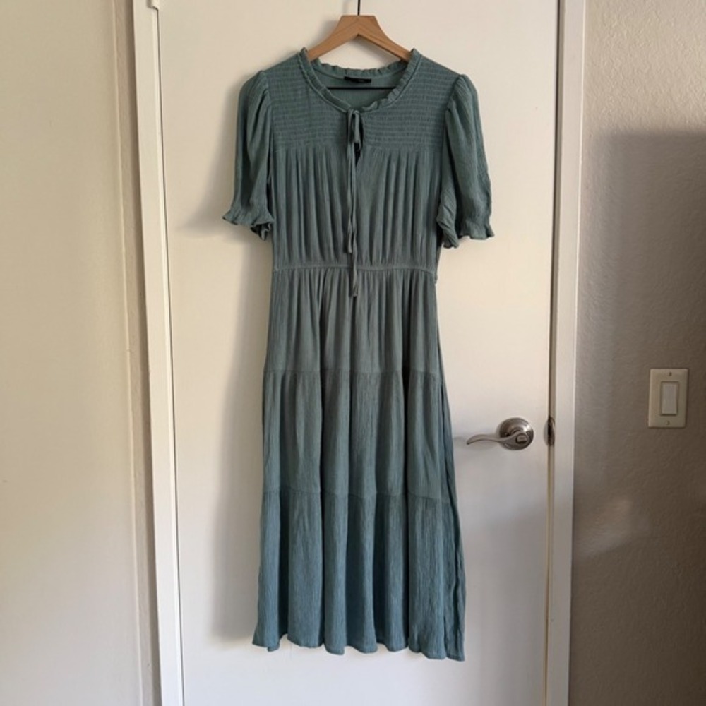 Sweet Wanderer Womens Sage Green Smocked Tiered Midi Dress L Minimalist Prairie